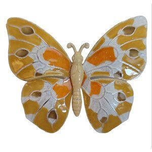 Vintage Yellow, White Enamel Aluminum Butterfly Brooch, Germany M894